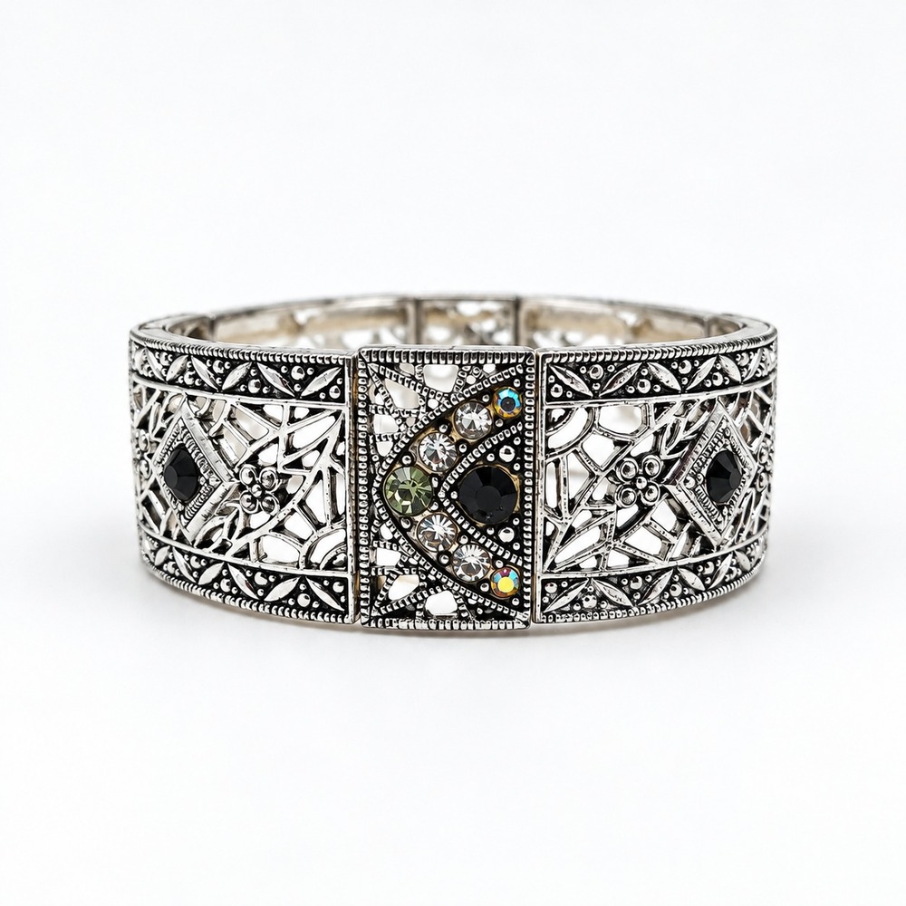 Art Deco Filigree Panel Stretch Bracelet Silver Tone Crystal Statement 7"